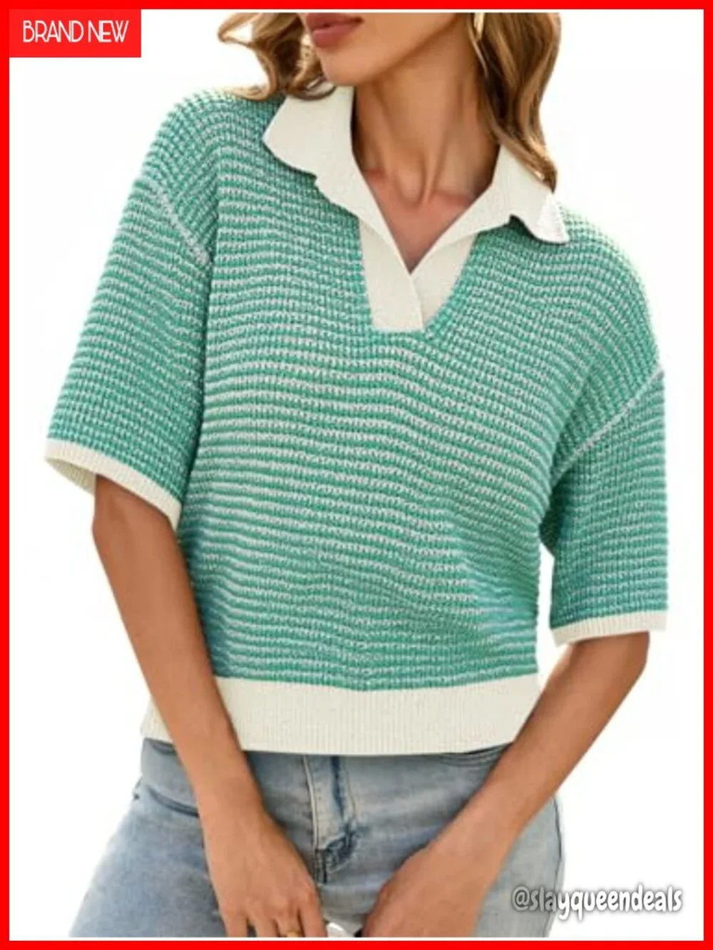 Women's Striped Color Block Cropped V-Neck Short Sleeve Knit Pullover Sweater